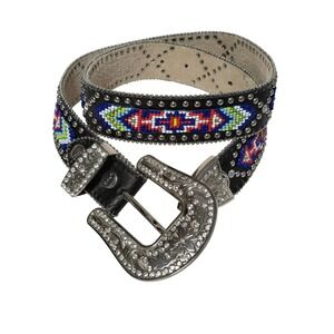 BHW Western Cowgirl Rhinestone Beaded‎ Belt Black Leather Embellished Buckle